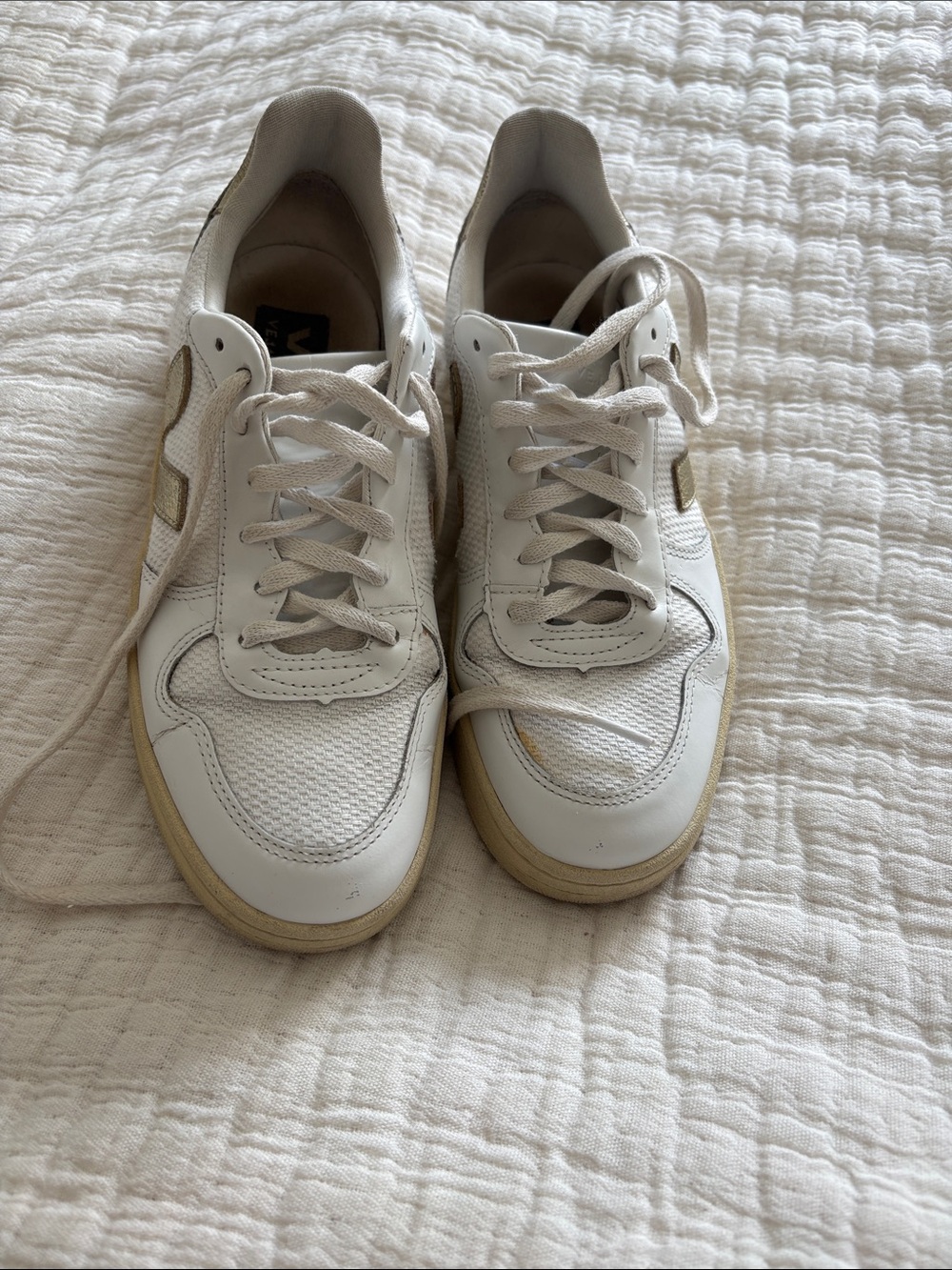 Veja White Sneakers with Gold Accents